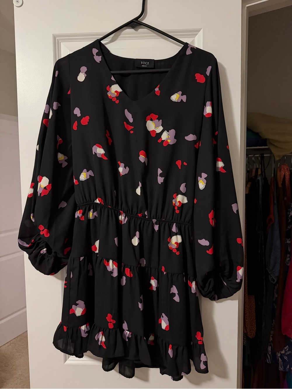 VICI Black V-Neck Tiered Dress with Red & Purple Floral Spots